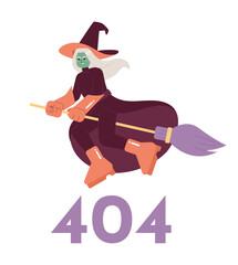 Poster - Witchcraft error 404 flash message. Evil witch flying on broomstick. Empty state ui design. Page not found popup cartoon image. Vector flat illustration concept on white background