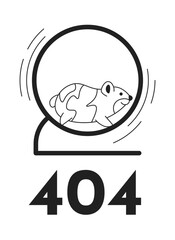 Poster - Cute hamster fast running in wheel black white error 404 flash message. Monochrome empty state ui design. Page not found popup cartoon image. Vector flat outline illustration concept