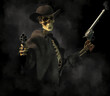 An undead outlaw, a wild west ghost, is ready for a shootout. With a pistol in each hand, the skeleton gunslinger turns the empty eye sockets of its skull towards you. 3D Rendering