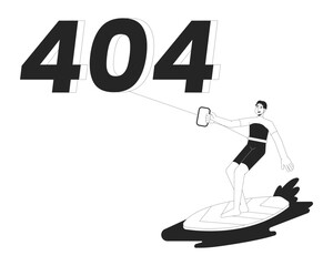 Poster - Kiteboarding black white error 404 flash message. Watersport recreation. Surfer riding with kite. Monochrome empty state ui design. Page not found popup cartoon image. Vector flat outline illustration