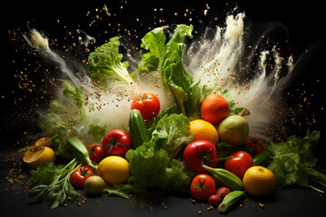 Fresh vegetables and fruits with water droplets exploding on black background, healthy eating concept, AI Generated