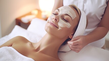 a blonde woman getting a facial treatment in a beauty salon
