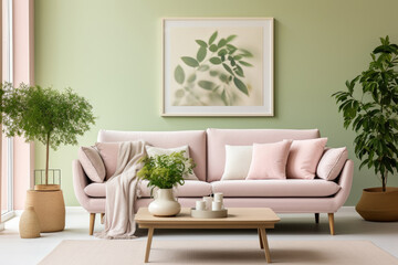 Wall Mural - Empty mint green Wall, Full of Potential: Modern light pink Sofa and Stylish Decor Await Your Frames & Text - Minimalist Interior Living Room Design
