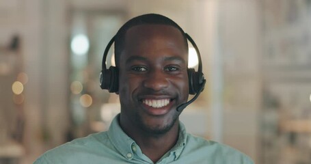 Aufkleber - Call center face, professional and happy black man, consultant or advisor smile for telemarketing communication. Contact us, portrait and African male agent for tech support, customer service or chat