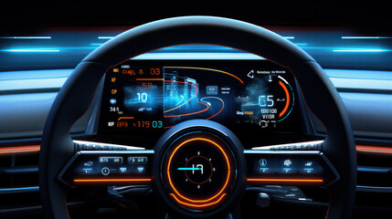 close up view of digital futuristic car dashboard