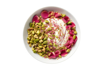 Canvas Print - Bowl Smooth Pink Base, Raspberry Swirl, Rose Petals, Pistachio Crumbles On White Plate, On Isolated Transparent Background, Png. Generative AI