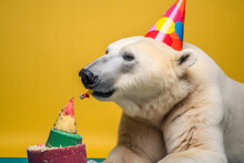 Funny And Friendly Cute Polar Bear Wearing A Birthday Party Hat In Studio, On A Vibrant, Colorful Background. Generative AI