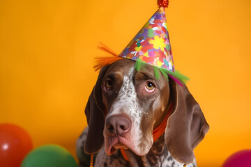 Wall Mural - Funny and friendly cute dog (German Shorthaired Pointer) wearing a birthday party hat in studio, on a vibrant, colorful background. Generative AI