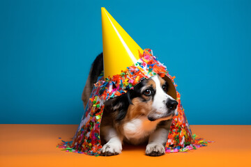 Wall Mural - Funny and friendly cute dog (Pembroke Welsh Corgi) wearing a birthday party hat in studio, on a vibrant, colorful background. Generative AI