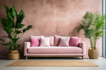 Wall Mural - Empty beige Wall, Full of Potential: Modern pink Sofa and Stylish Decor Await Your Frames & Text - Minimalist Interior Living Room Design
