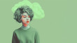 © Jasmina Stokic - An illustration showcasing a young woman with orange lipstick deep in thought, set against a vibrant green background.  Copy space. Generative AI.