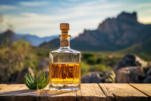 Unlabeled Bottle Of Tequila With Picturesque Rustic Background. Generative AI