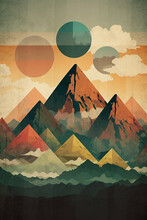 Retro Poster Background Aged Colours Mountains Geometrical Forms With Generative AI Technology