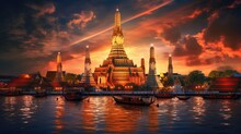 Wat Arun In Sunset At Bangkok,Thailand. Landmark, Chao Phraya River. Generate Ai