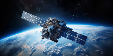 Wall Mural - a satellite in orbit around earth, showcasing intricate technology details, planet's blue curvature 
