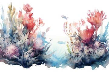 Wall Mural - Watercolor underwater floral on white background Generative AI