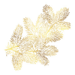 christmas tree branch with golden foil texture isolated on white background.