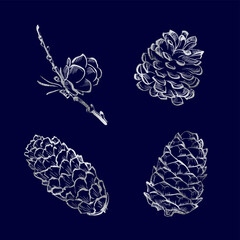 Wall Mural - vector christmas cones with silver foil texture isolated on dark background.