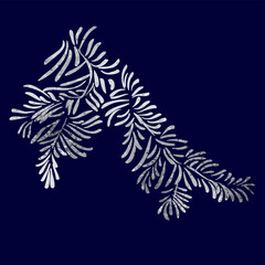Wall Mural - christmas tree branch with silver grey foil texture isolated on dark blue background.