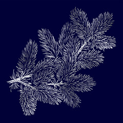 Wall Mural - Christmas tree branch with silver grey foil texture isolated on dark blue background.