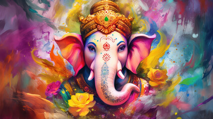 Happy Ganesh Chaturthi greetings card. Bright illustration background for Ganesh Chaturthi Hindu festival celebrated in India to honor Lord Ganesha, the elephant-headed deity