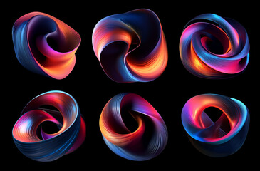 Wall Mural - bold colorful twirling shapes set isolated. whirling, twisted, distorted abstract matte round shape.