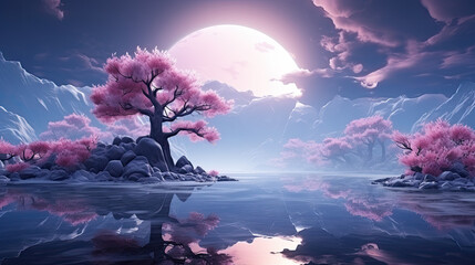 Fantasy blue landscape with moon and mountains