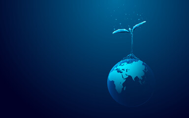 Poster - One Abstract Sprouting Plant on Earth Globe. Eco-friendly and Sustainability Development Concept on Blue Futuristic Background. Low Poly Wireframe Vector Illustration with Glowing Connected Dots.