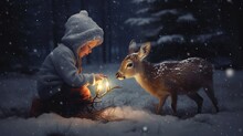 A Cute Little Girl Sits Next To A Small Deer Around Them Is A Night Winter Forest. The Art Composition With Night Forest. Generative AI. Illustration For Cover, Postcard, Banner Or Poster.