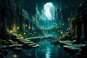 Poster - Old ancient stone ruins, fantasy landscape painting, concept art, background