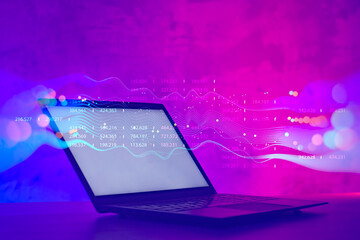 Aufkleber - Laptop analyzes financial market data. Futuristic technology solution for business development. Abstract technological background in vibrant colors with blur.