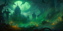 Spooky Castle With Skulls And Green Mist, Halloween Horror Fantasy Painting, Background, Concept Art