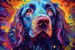 Bright abstract art - portrait of a labrador dog painted with splashes and splatters of paint. Generative AI