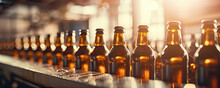 Beer Botles In Row. Beer Bottles On Conveyor Moving In Brewery Factory
