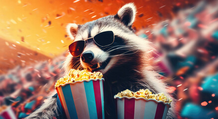 Funny cute happy raccoon holds popcorn buckets in dark glasses in the cinema. Advertisement of the film, creative banner. Generative AI. High quality illustration.