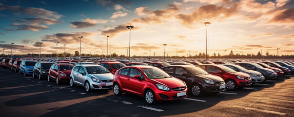 Row of different new cars, wide banner