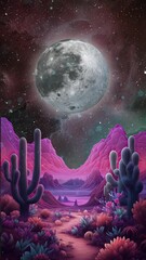 Wall Mural - A vertical video featuring an animated moon & sky with a cactus scape in the foreground. Created using some elements made with generative AI.
