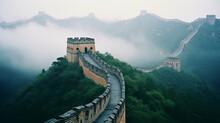 Moody, Atmospheric Shot Of The Great Wall Of China Disappearing Into A Misty Mountain Range, Muted Earth Tones, Sense Of Infinite Distance