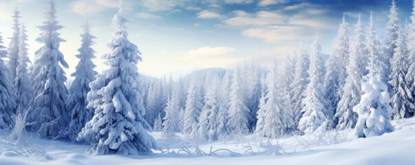  panoramic photo of the trees covered with snow in the snowland, copy space for text