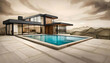 Architectural drawing style contemporary villa with pool