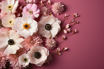 Several white and pink flowers - anemones, daisies and branches on a seamless pastel pink background. Top view. Flat lay. Copy space for text. Generative AI technology