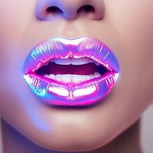 Female Neon Lips On Dark Background. 