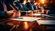 © Александр Марченко - Business team support and meeting concept. Group of Investor working and pointing at financial paperwork Finance task on office desk