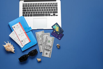 Sticker - Composition with tickets, credit cards, laptop and money on color background