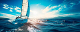 Regatta of sailing ships with white sails on the high seas. Aerial view of a sailboat in a windy state.	
