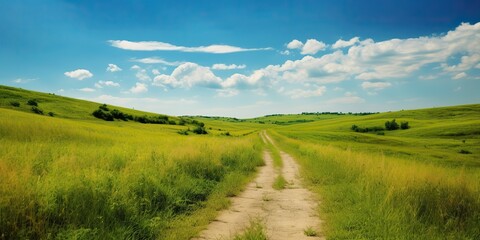 Wall Mural - AI Generated. AI Generative. Green field blue sky nature outdoor farming grass landscape background adventure explore road go move travel. Graphic Art