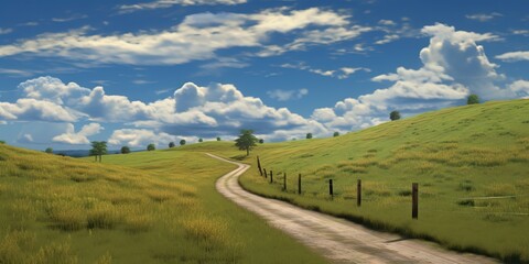 Wall Mural - AI Generated. AI Generative. Green field blue sky nature outdoor farming grass landscape background adventure explore road go move travel. Graphic Art