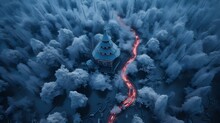 Wild Forest And A Building In The Style Of Russian Architecture. Remote Travel Destination Concept. Drone View Winter Frozen Nature, Dark Blue Minimal Dramatic Background. Generative AI.