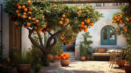 Wall Mural -  an orange tree with oranges growing on it's branches.  generative ai