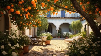 Wall Mural -  an orange tree in front of a house with chairs and tables.  generative ai